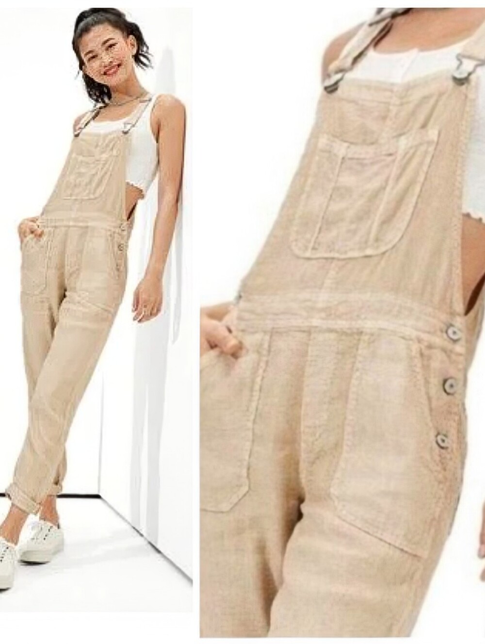 American Eagle Tomgirl Linen Blend Overalls Tan/Khaki Women's Medium Bohemian